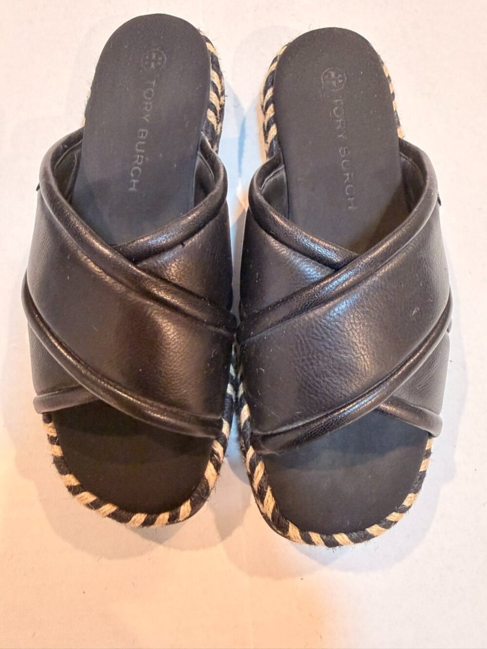 Tory Burch Black Leather Espadrille Platform Slide Sandals Size 7.5 EUC